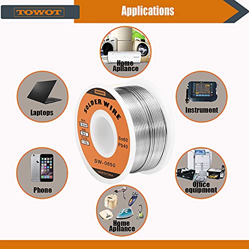 Image of TOWOT Tin Lead Rosin Core Solder Wire for Electrical Soldering, Content 1.8% Solder flux Sn60-Pd40 (0.6mm, 50g)