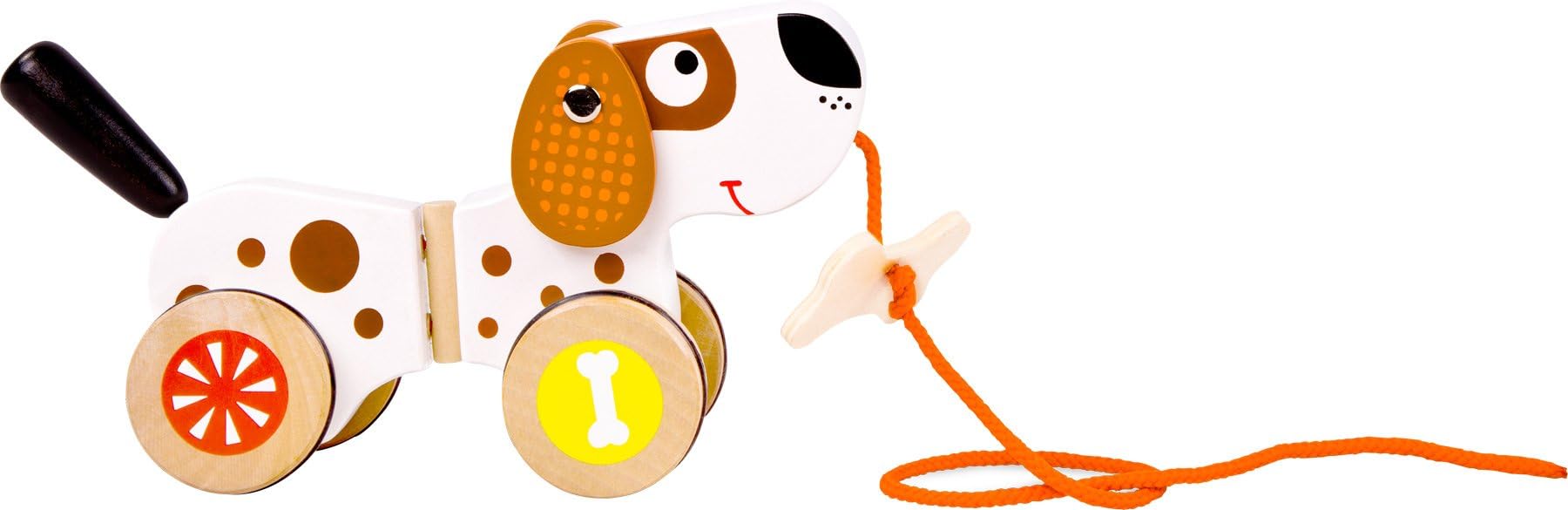 10043 Animale da tirare Cane small foot in legno, se tirato oscillano orecchi e coda, scorrimento silenzioso grazie alle ruote gommate, da 1 anno.