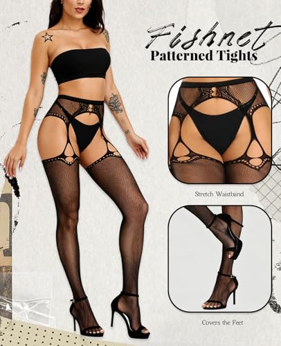 Image of Sesiwadbe Womens Fishnet Patterned Tights High Waist Suspenders Pantyhose Thigh High Stockings