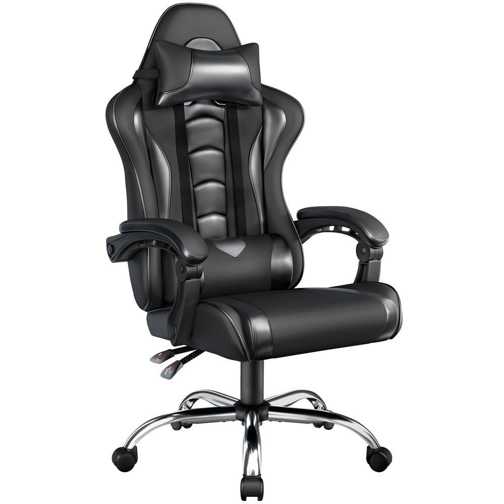 Yaheetech Gaming-Stuhl Ergonomischer Gaming Sessel mit Massagefunktion Computerstuhl Bürostuhl mit Wippfunktion von 125° verstellbar Gamer Stuhl für für Homeoffice und Gaming Schwarz
