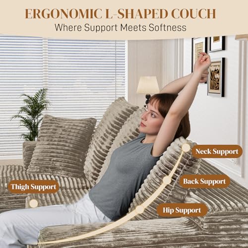 Image of 108 inch L Shaped Boneless Sectional Couches for Living Room, Comfy Corduroy Floor Cloud Sofa with Chaise, Wide Armrest, Deep Seat, Memory Foam, Assembly Free, Ideal for Small Spaces, Brown