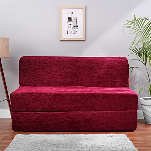 Image of Convertible Fabric Sofa Cum Bed | Foldable Double Foam & Washable Cover with Cushions | Modern Design Use Living Room & Guest Room (Maroon-Multi-Star, 4X6 Ft)