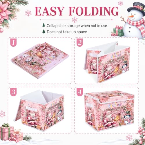 Image of Briwooody Pink Christmas Storage Bin with Lid and Carrying Handle Pink Santa Claus Foldable Storage Box Large Snowman Collapsible Container Basket for Organizing Closet Home Bedroom Xmas Gift