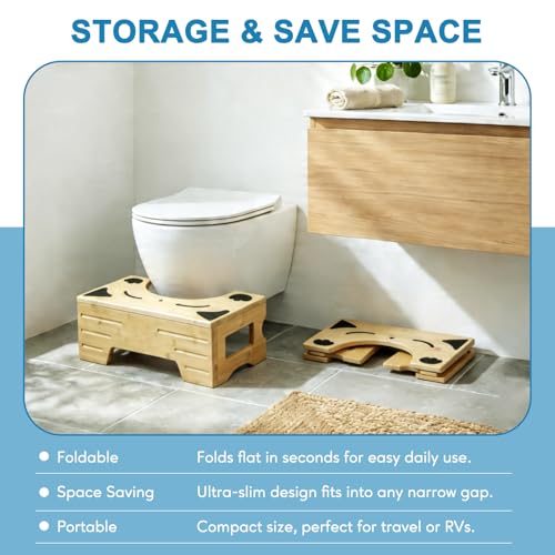 Image of Foldable Toilet Stool, Bamboo Squat Stool for Bathroom, Space-Saving Poop Stool with Comfortable 7 inch Daily Use Height, Potty Stool for Improved Posture, Optional 9 inch Height Mode (Cat Design)