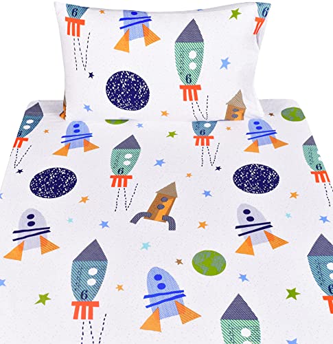 Image of Scientific Sleep Outer Space Airship Rocket Star Explore Teen Boys Girls Cotton Cotton Twin Bed Sheet Set, Flat Sheet & Fitted Sheet & Pillowcase Bedding Set (Space, Twin)