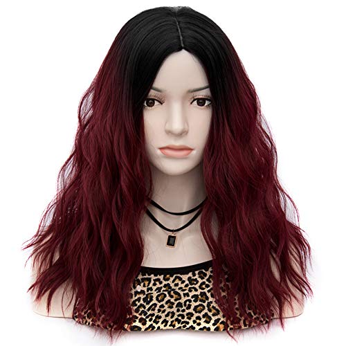 LEJIMEI Wine Red Wigs for Women Ombre 22'' Long Curly Wavy Hair Wig Fashion Cute Heat Resistant Synthetic Full Wigs for Daily Party LJ029