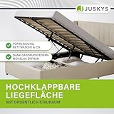 Juskys Polsterbett Savona 140x200 cm, Bett mit Stauraum, Lattenrost, Samt-Bezug, Bettgestell aus Holz, bis 250 kg, großes Kopfteil, Beige
