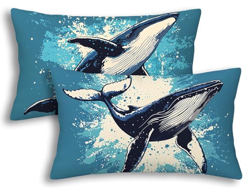 Fundas Cojines 30x50 Juego de 2 Fundas de Cojines Azules para Decoracion Hogar, Funda Almohada Ballena Rectangulares de Terciopelo, Funda de Almohada para Sofá Cama Salón Dormitorio Oficina -1714