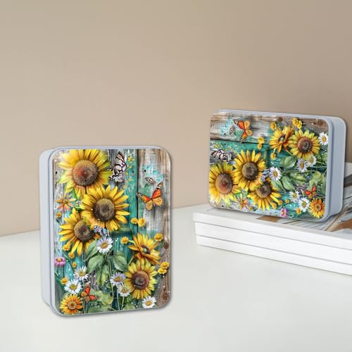 Image of Metal Tin Box with Lid for Game Cards Home Organizer Candles Keys Crafts Storage - Equipped with 4 Magnetic Cord Clips，Sunflowers Daisies and Butterflies