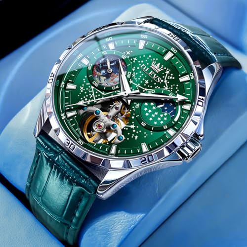 OLEVS Mens Leather Watches Automatic Mechanical Skeleton Tourbillon Diamond Luxury Self Winding Dress Wrist Watches Moon Phase Waterproof Luminous2