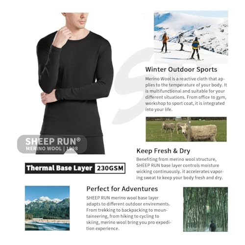 SHEEP RUN 100% Merino Wool Men's Thermal Underwear Long Sleeve Baselayer Set2