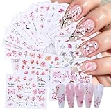 Flower Nail Stickers Water Decals 24 Sheets Spring Pink Flowers Water Nail Decals with Leaves Watercolor Ink Floral Cherry Blossoms Design DIY Nail Art Decoration Accessories for Women
