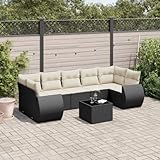QJBSAVVA Schwarze 8-teilige Gartenmöbel Set aus wetterfestem Poly-Rattan 55 x 53 x 34 cm Sitzbank mit Glas Tisch Modernes Lounge Design für Garten Terrasse Balkon