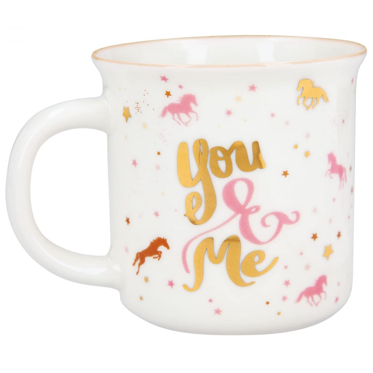 Depesche 12377 Miss Melody Sundown-mok in emaille look, met paardenmotief, hoefijzerpatroon, gouden highlights en opschrift, inhoud ca. 250 ml, meerkleurig