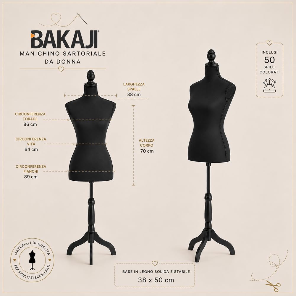 Manichino Busto Sartoriale Femminile Da Sarta Per Capi Di Sartoria Abbigliamento Tailleur Torso Da Donna Altezza Regolabile Per Vetrine Con Treppiede Struttura In Legno 42 x 170cm (Total Black)