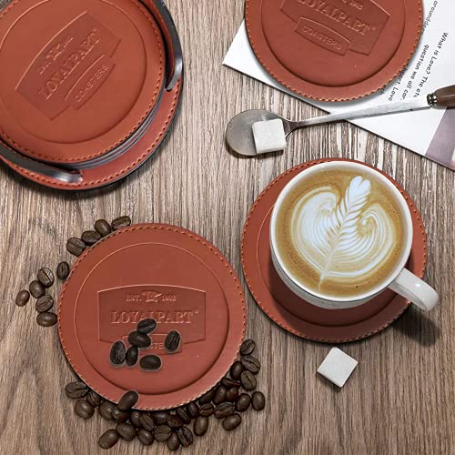Loyalpart Coaster Leather Coasters For Drinks With Holder For Wooden Table Absorbent Bar Coster For Coffee Table House Warming Presents For Women Funny Farmhouse Brown Costers For Cups & Mugs Set Of 6 #TOP3