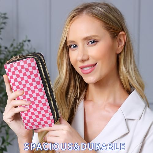 Checkered Wallets for Women Cute Large Capacity Pink Female Plaid Purse 2 Zippers Credit Card Holder2