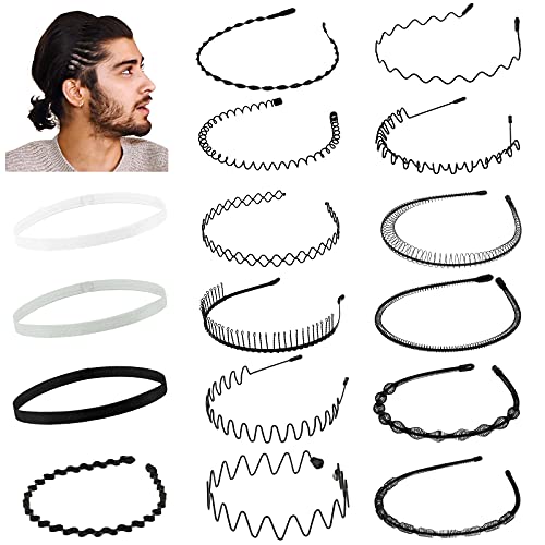 16 PCS Metal Headbands for Woman Man,Multi-style Non-Slip Metal Hair Bands Elastic Sport Hair Hoop Wave Unisex Black Spring Fashion Head Band Accessories Headwear