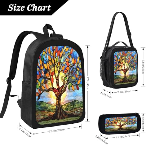 3PCS Backpack for Women Men With Lunch Box Pencil Bag 17 Inch Lightweight Adjustable Strap Back Pack 3 In 1 Set Tree Of Life Casual Daypack Unisex Fit Travel Work Camping3