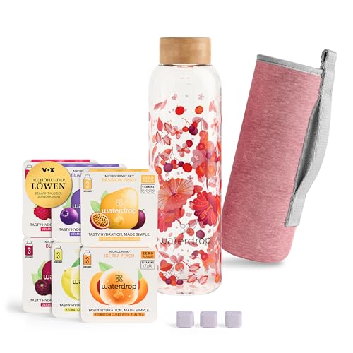 waterdrop® Flasche aus Glas 600ml inkl. 18 zuckerfreie Drops - Geschenk für Frauen - Probierpaket...