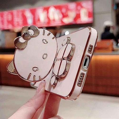 Image of KC Back Cover for Oneplus Nord CE 3 Lite 5G, Hidden Mirror Hellow Kitten Folding Bracket Kickstand Electroplated Soft Silicone Camera Protection Case - Pink