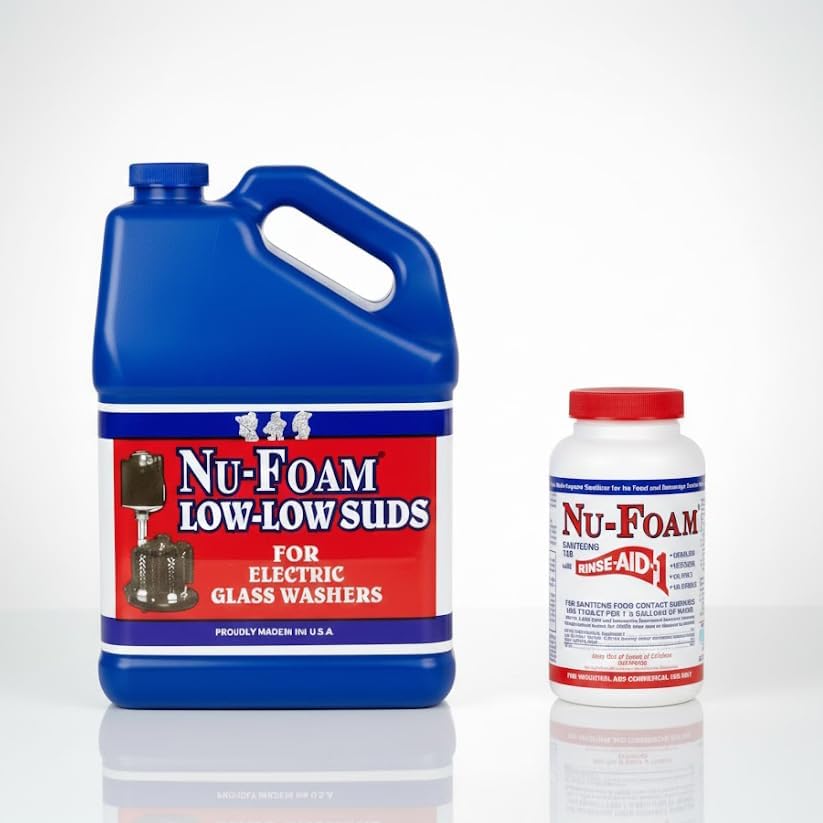 Nu-Foam Low-Low Suds Glass Washer Detergent and Sanitizing Tablets Bundle for Commercial Bar Glassware, Streak-Free