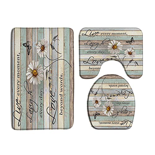 Rustic Daisy 3 Piece Bath Rugs Set,Farmhouse Floral Butterfly with Inspirational Quotes on Wood Board Country Bathroom Kitchen Rug with 16
