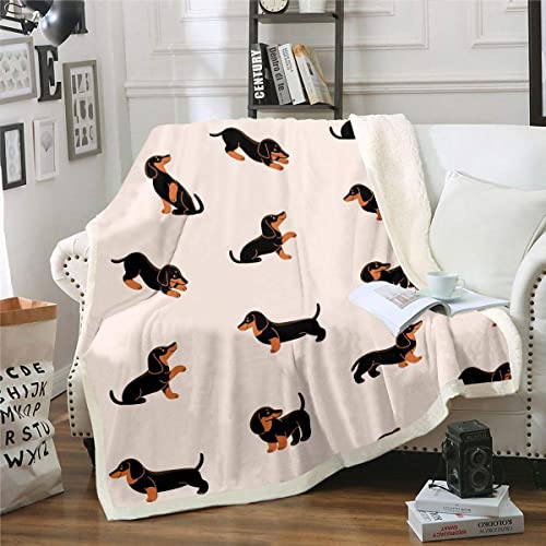 Loussiesd Cartoon Dog Throw Blanket Dachshund Fleece Sherpa Fuzzy Throw Blanket Kids Toddler Boys Cute Puppy Plush Blankets and Throws Sausage Weiner Dog for Bed Home Travel Beige Double 60x79 Inch