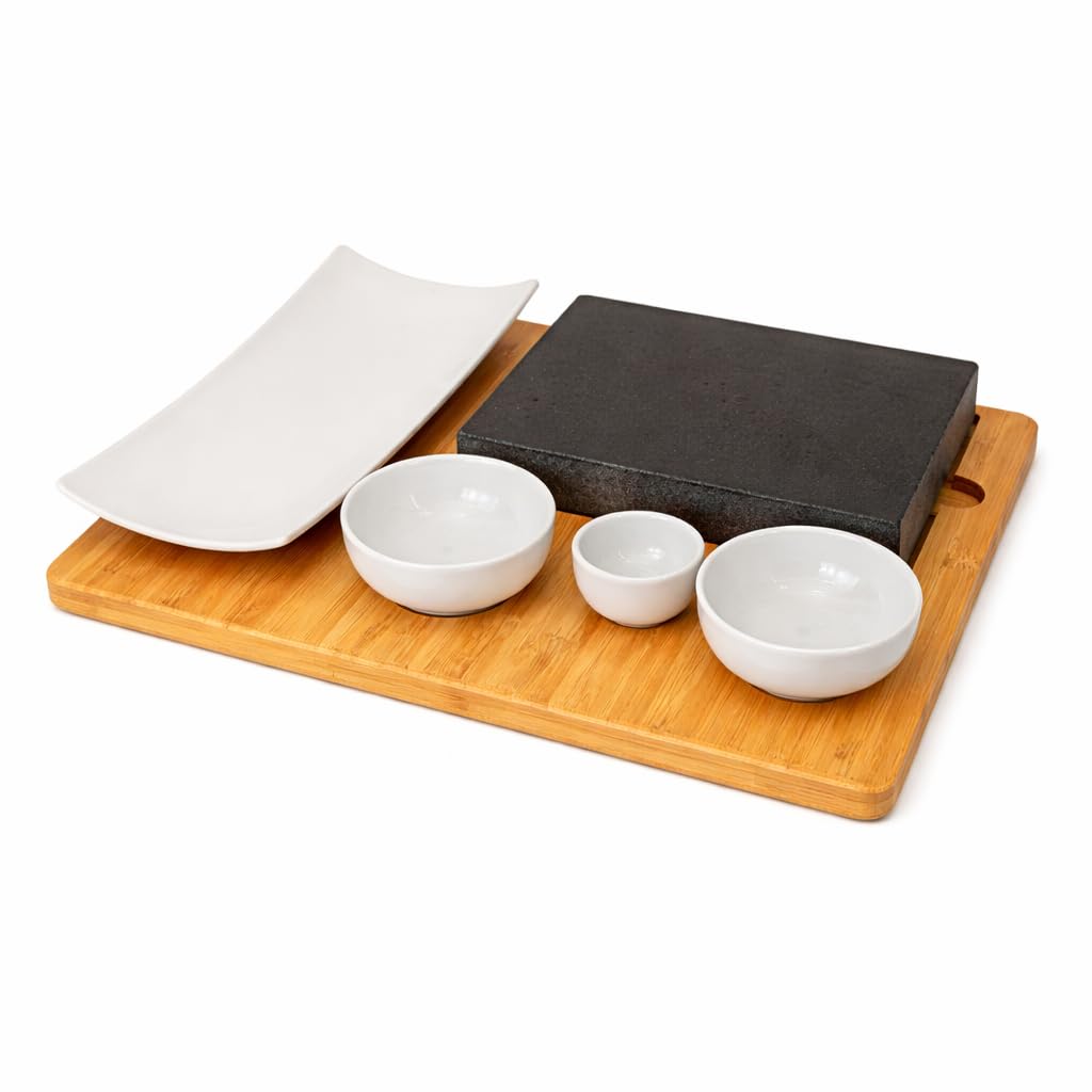 Lavastein Steakbrett, Servierplatte, Bambusbrett mit Hot Stone Grill, Steak Grillplatte, Steinplatte, Tischgrill Grill Set