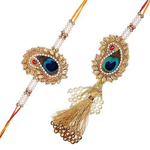 Image of eCraftIndia Peacock Feather Designer Bhaiya Bhabhi Rakhi Set with Best Bro Ever Fridge Magnet and Roli Chawal Pack