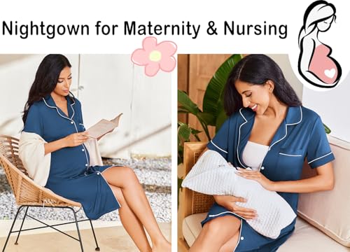 Image of Ekouaer Nightgowns for Women Button Down Sleepshirt Short Sleeve Nightshirt Boyfriend Pajamas V Neck Nightdress S-XXXL