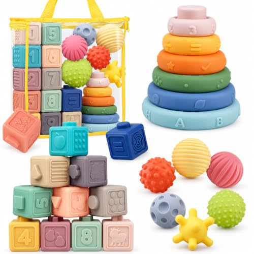 Montessori Baby Toys 18M+, 24pc Stacking Rings, Soft Blocks & Sensory Balls | Food-grade silicone, BPA-free, CPSIA & ASTM F963 tested; 3-in-1 teething play set; gift-ready for baby showers & birthdays