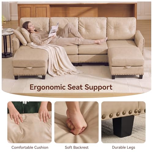 Image of 25.2 inch Faux Leather Storage Ottoman Bench for Couch, Vintage PU Leather Foot Stool with Nailhead Trim for Sofas, Mid Century Modern Hidden Storage Footrest for Living Room, Bedroom, Office, Ivory