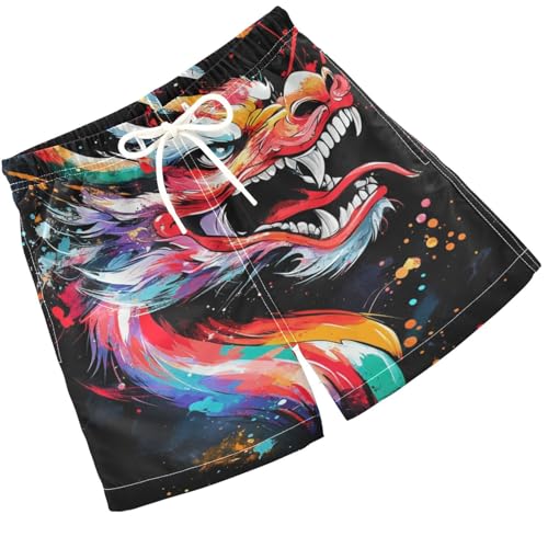 Pigsaly Boys Swim Trunks Chinese Dragon Head Colorful Boys Board Shorts Swimsuit Swimwear Summer Bathing Suit 5T