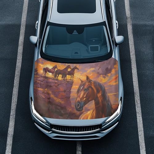 Image of Car Hood Cover for Compact Sedans SUV Trucks, 59x39 Inches Stretchable Horse Print Auto Hood Wraps Vehicles Banner Automotive Exterior Accessories