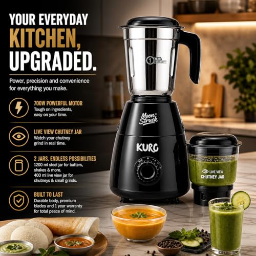 Image of Moonstruck Kuro Up to 700W Mixer Grinder | HeatShield Motor | LiveView Chutney Jar | Perfect for Bachelors, Couples & Small Kitchens | SpiceCrush Technology | 2 Year Warranty (Black)