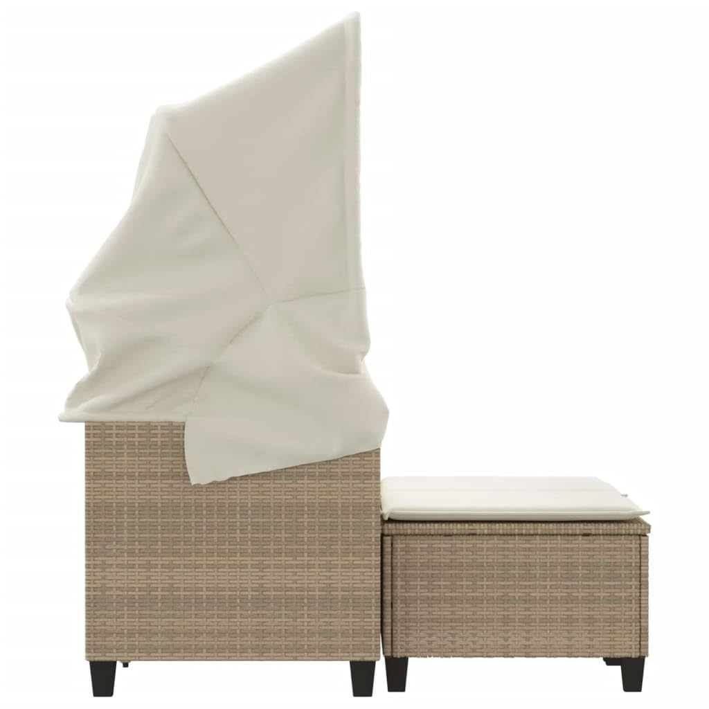 Canapé de Jardin 2 Places en résine tressée Beige avec auvent rétractable et 2 tabourets, Coussins Amovibles, mobilier d'extérieur pour terrasse Balcon Piscine Jardin Patio détente