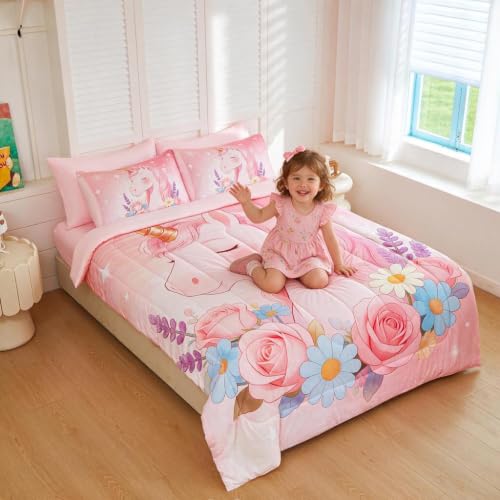 Image of Twin Bedding Set for Girls 5 Piece Pink Unicorn Comforter Set for Girls Super Soft Microfiber Bed Set Bed in a Bag with Comforter Sheets Pillowcase & Sham (5 Piece Twin Size)