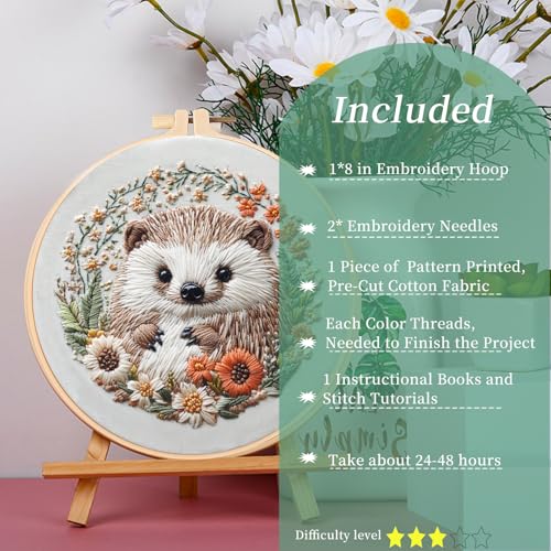 Image of FONNUY Embroidery Kit for Beginners, Cute Hedgehog Stamped Embroidery Patterns Kits for Adults with Hoop, Easy to Follow Sewing Thread Needlework, 8'' Hoop (Tiny Ball)