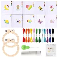 JSTHHTT 10 Pack Embroidery Starter Kit, Cross Stitch Kits for Kids, Embroidery Kits for Beginners, with 10 Patterns Instructions, Needles and Hoops, for Beginner Adults Kids