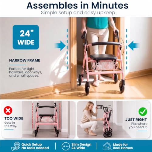 Image of Vive Ultra Lightweight Rollator Walker with Seat - Foldable, Narrow
