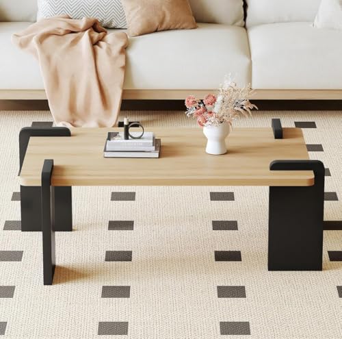 Modern Coffee Table for Living Room, Industrial Wooden Coffee Table with Sturdy Black Legs, Rectangular Minimalist Center Table for Home, Office