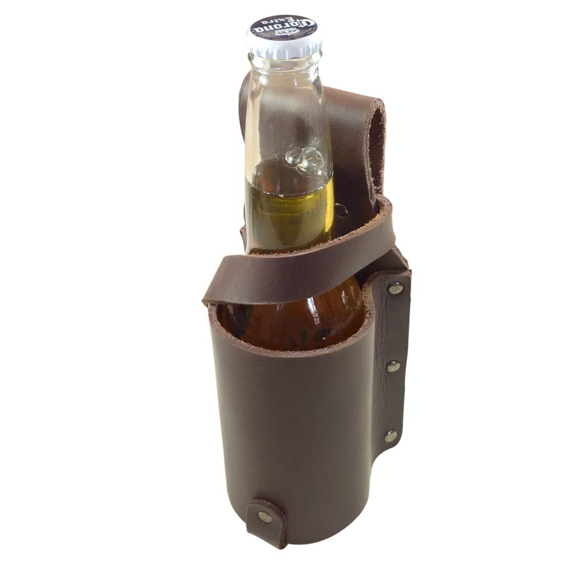 Thick Leather Beer Bottle Holster, Beer Lover Essentials, Party Accessories, Handmade Includes 101 Year Warranty :: Bourbon Brown