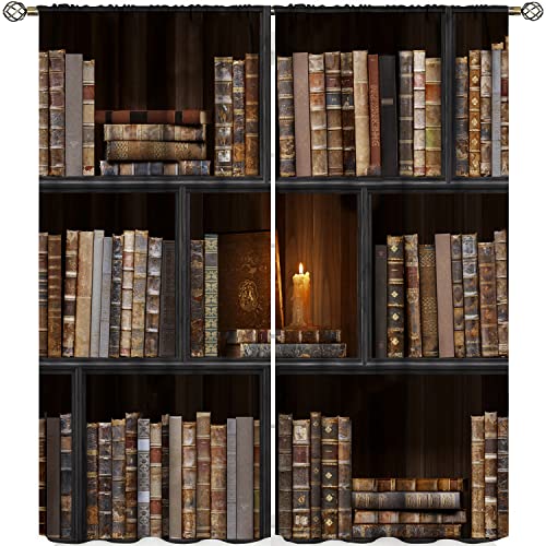 Image of Vintage Bookshelf Blackout Curtains Retro Black Wood Bookshelf Old Books Design Window Drapes for Kids Boys Girls Living Room Bedroom Decor Great for Living Rooms and Bedrooms 42x45in