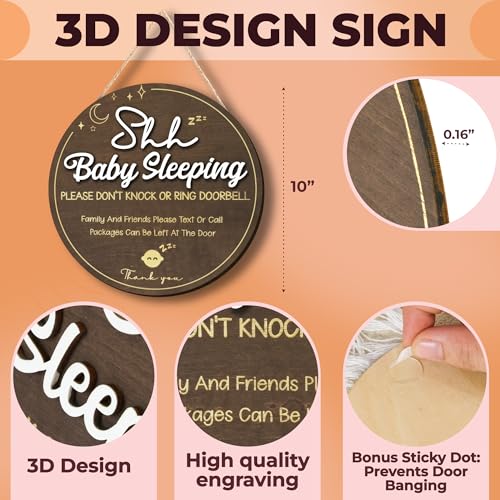 Image of Woodamore Shhh Baby Sleeping Sign for Front Door - Please Do Not Knock Or Ring Doorbell Sign, Baby Sleeping Door Sign, No Knocking Door Sign, No Soliciting Do Not Knock Sign