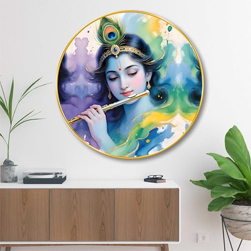 Image of SAF Lord Krishna Flute Wall Painting - Round Golden Frame Radha Krishna Art | Spiritual Wall Decor for Living Room, Bedroom, Pooja Room & Office | Divine Home Decoration (20 X 20 Inch) GRL-287