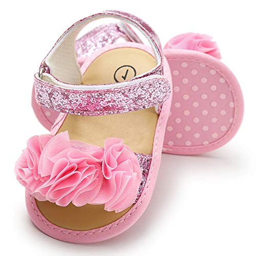 TIMATEGO Infant Baby Girls Summer Sandals with Flower Soft Sole Newborn Toddler First Walker Crib Dress Shoes, 6-12 Months Infant, 02 Pink Baby Girl Shoes