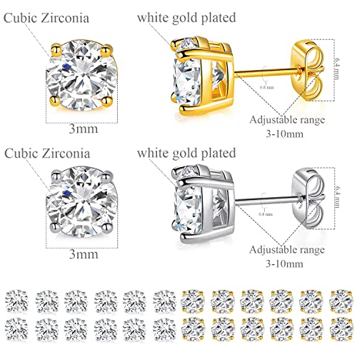 MDFUN Hypoallergenic CZ Stud Earrings Set for Women/Men,6 Pairs 18K Gold Plated Round 3-8mm Clear Cubic Zirconia Earring Pack Jewelry Gift2