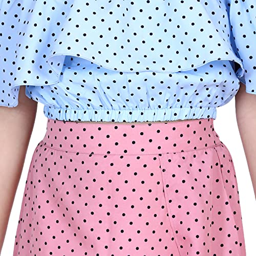 Image of LILPICKS Girls' Poly Crepe Polka Print Off Shoulder Top and Full Skirt Set (Vintage Blue and Dusky Pink)