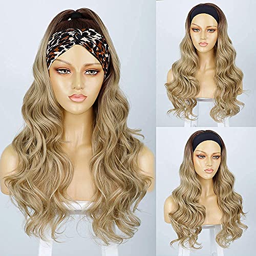 AISI QUEENS Ombre Blonde Headband Wig for Women Long Wavy Curly Synthetic Headband Wig Body Wave Heat Resistant Wig for Women for Daily Use 22inches